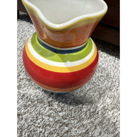 Pier 1 Imports Summer Stripes Pitcher 8" Multicolor Red Orange Yellow Pottery - Picture 5 of 5